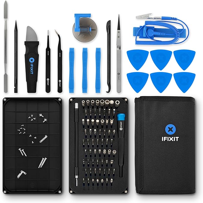 Kit de herramientas iFixit Pro Tech: incluye herramientas de apertura, destornillador de precisión y 64 puntas (4 mm) para la reparación de smartphones y ordenadores.
